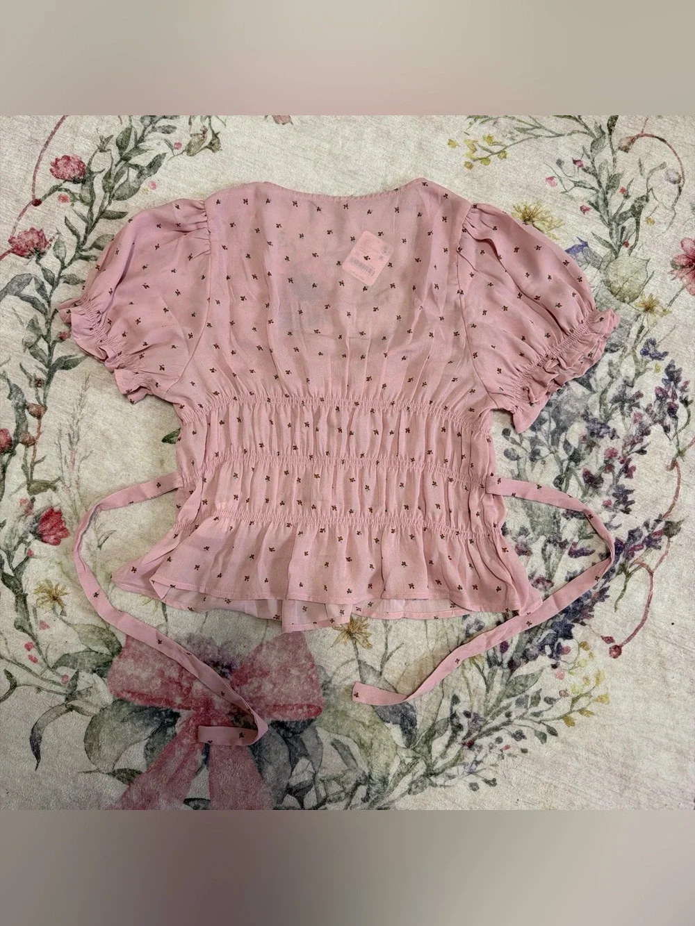 Free People Dusty Pink Smocked Puff Sleeve Tie-Waist Blouse